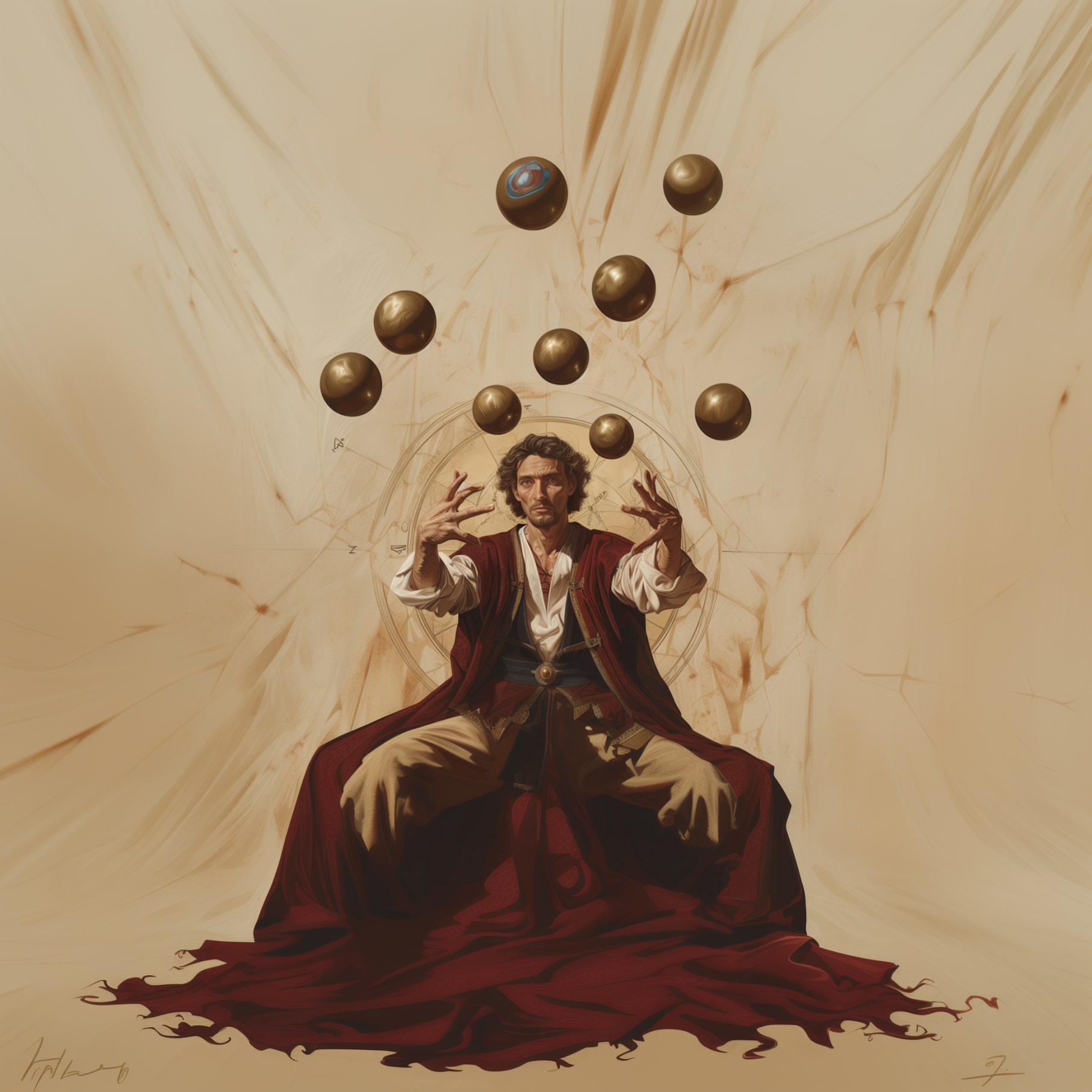 Renaissance man juggling golden balls